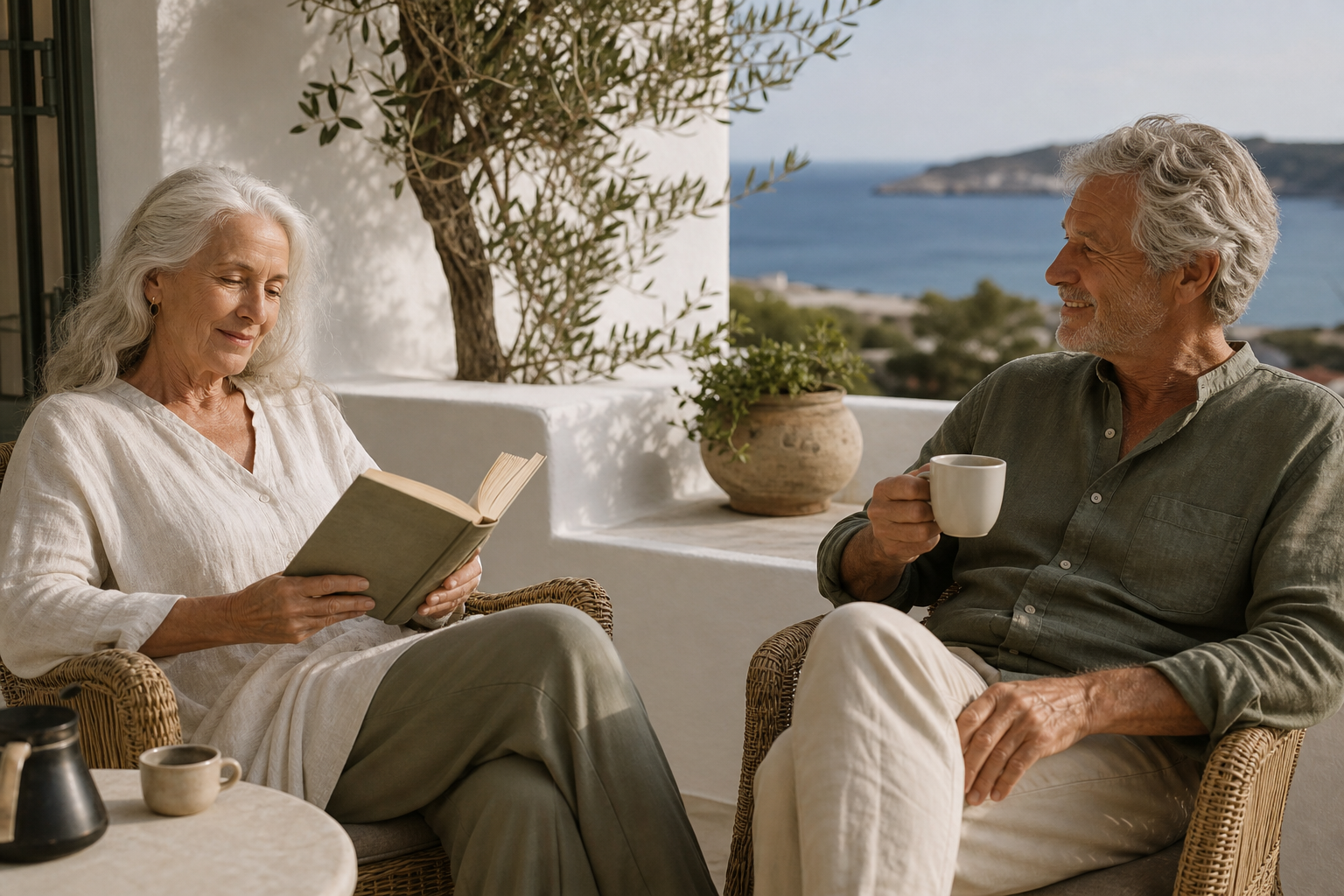 Retired couple on terrace with sea view